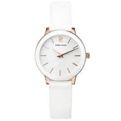 Outlet PIERRE LANNIER Montre Week End Ligne Pure Blanc cadran doré rose fond blanc bracelet cuir blanc