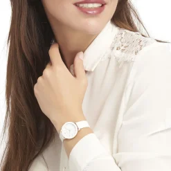 Outlet PIERRE LANNIER Montre Week End Ligne Pure Blanc cadran doré rose fond blanc bracelet cuir blanc