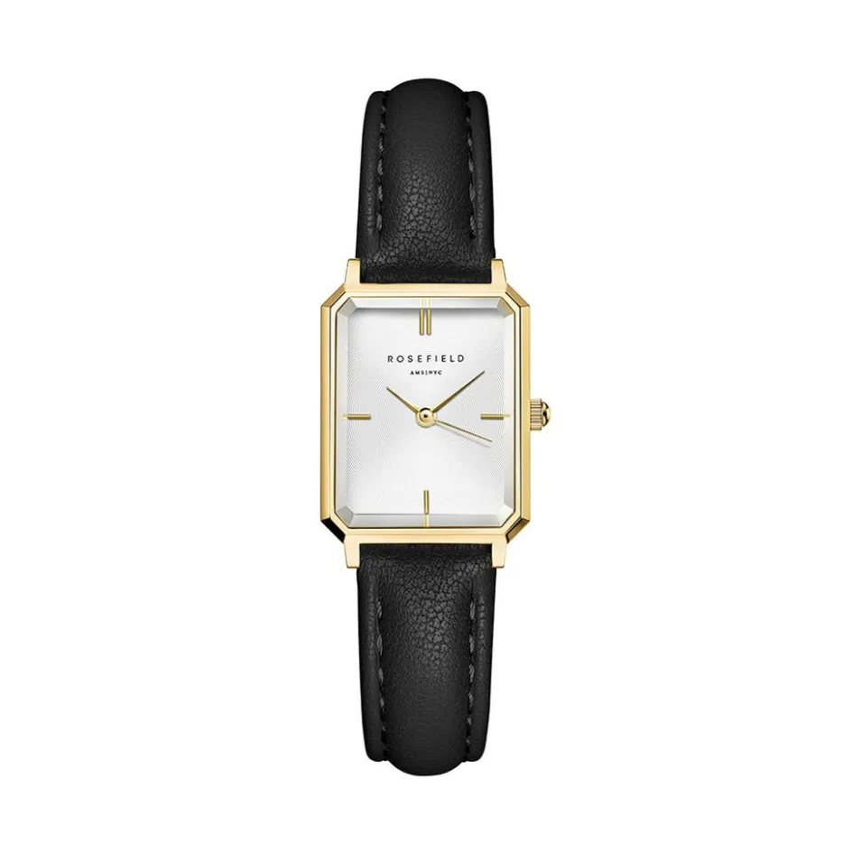Online ROSEFIELD Montre Octagon Xs Blanc cadran doré fond blanc bracelet cuir de vache noir