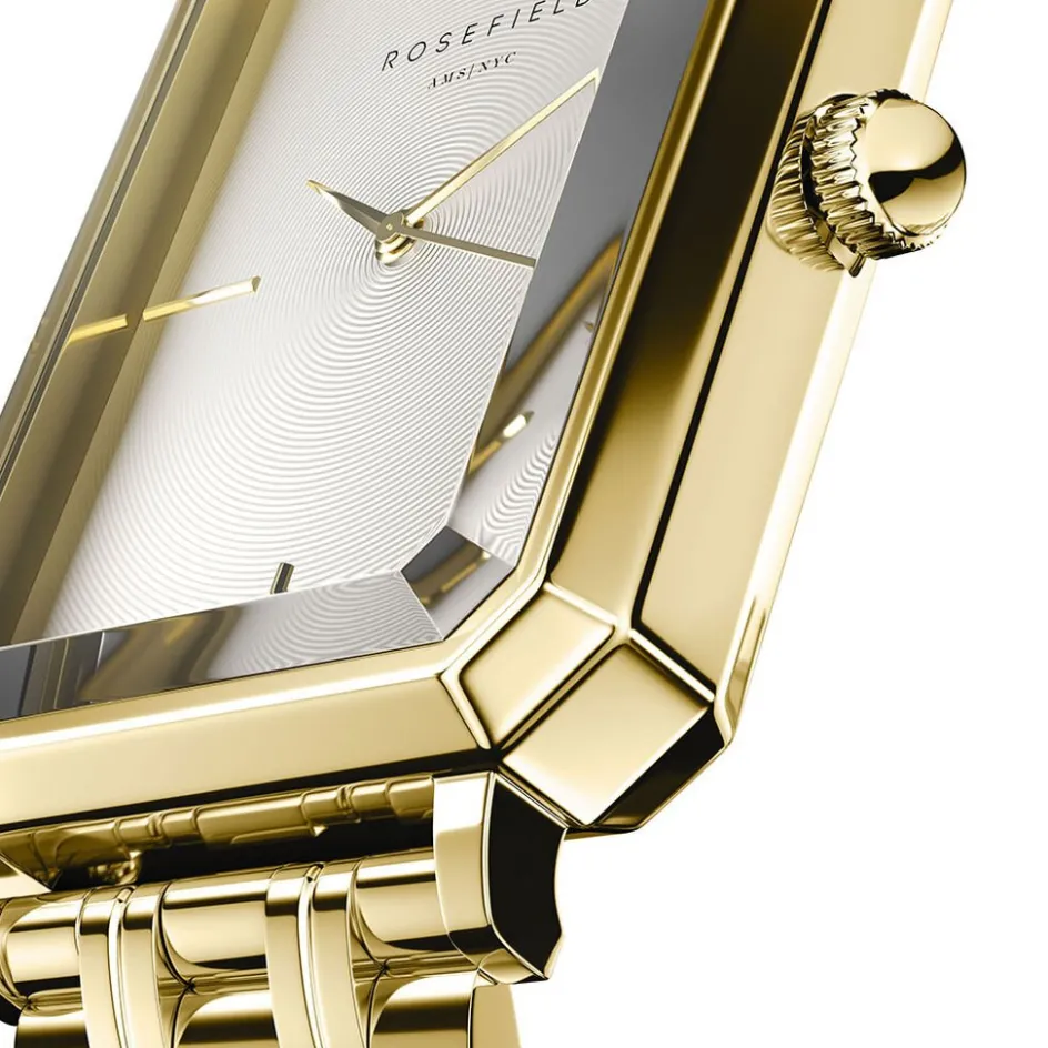 New ROSEFIELD Montre Octagon Blanc cadran doré fond blanc bracelet acier doré