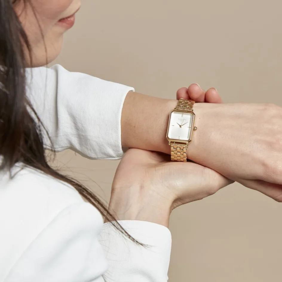 New ROSEFIELD Montre Octagon Blanc cadran doré fond blanc bracelet acier doré