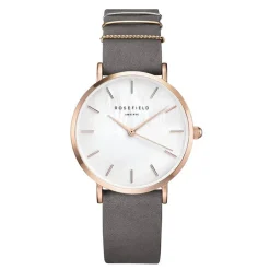 New ROSEFIELD Montre West Village Blanc cadran doré rose fond blanc bracelet cuir gris