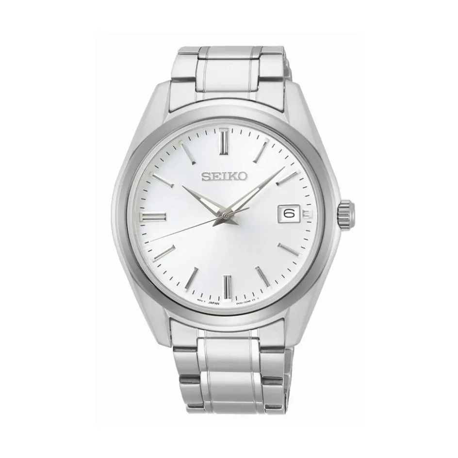 Clearance SEIKO Montre Classique Blanc cadran argenté fond blanc bracelet acier argenté