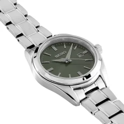 Sale SEIKO Montre Classique Kaki cadran argenté fond kaki bracelet acier argenté