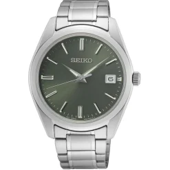 Clearance SEIKO Montre Classique Kaki cadran argenté fond kaki bracelet acier argenté