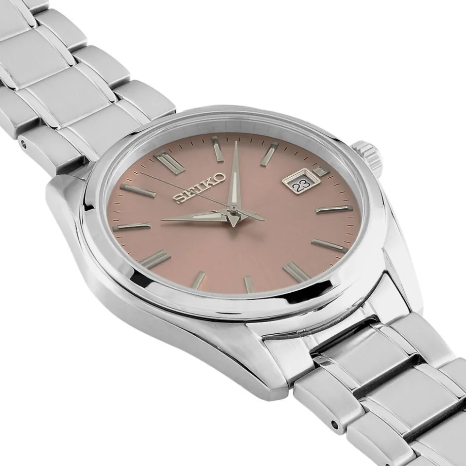 New SEIKO Montre Classique Rose cadran argenté fond rose bracelet acier argenté