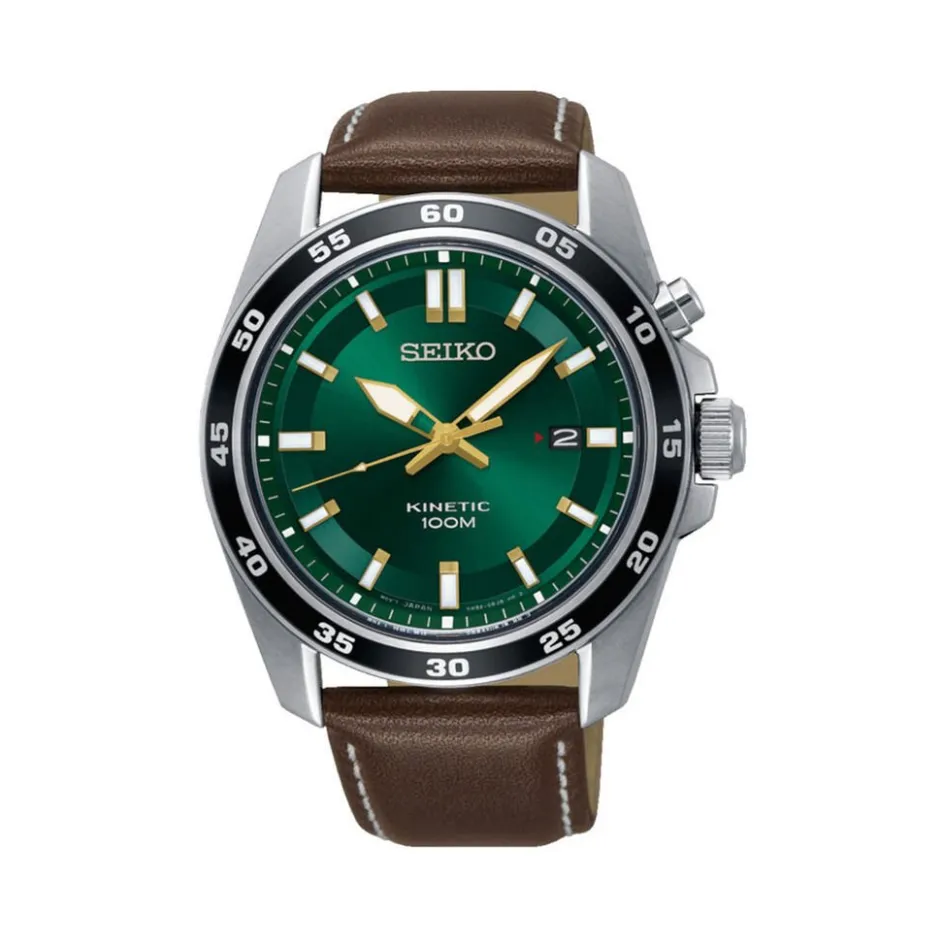 Sale SEIKO Montre Sport Kinetic Vert cadran argenté fond vert bracelet cuir marron
