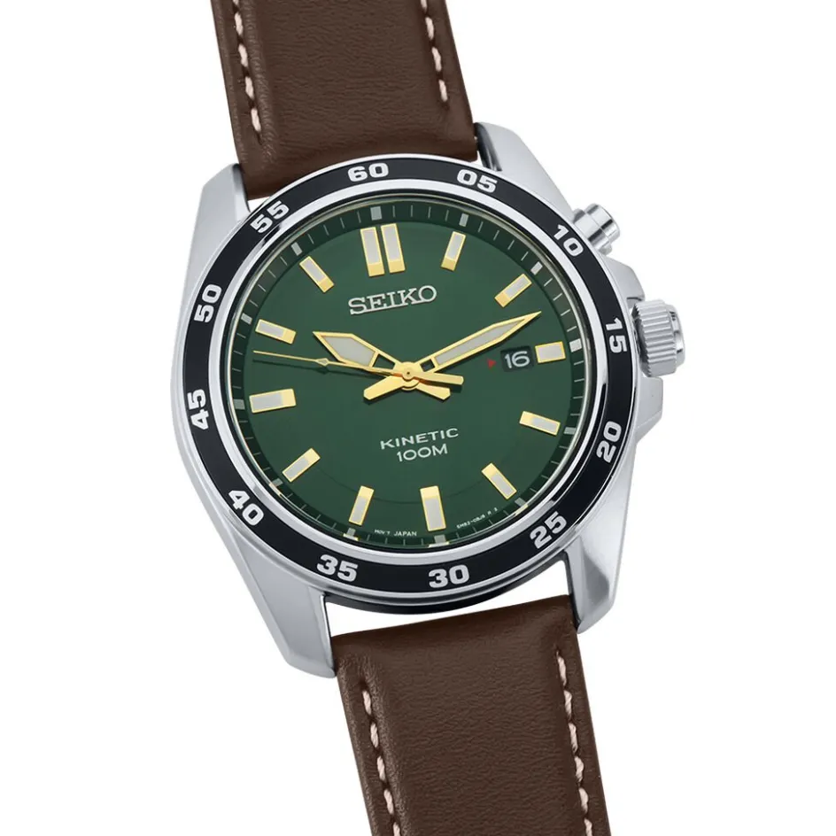 Sale SEIKO Montre Sport Kinetic Vert cadran argenté fond vert bracelet cuir marron