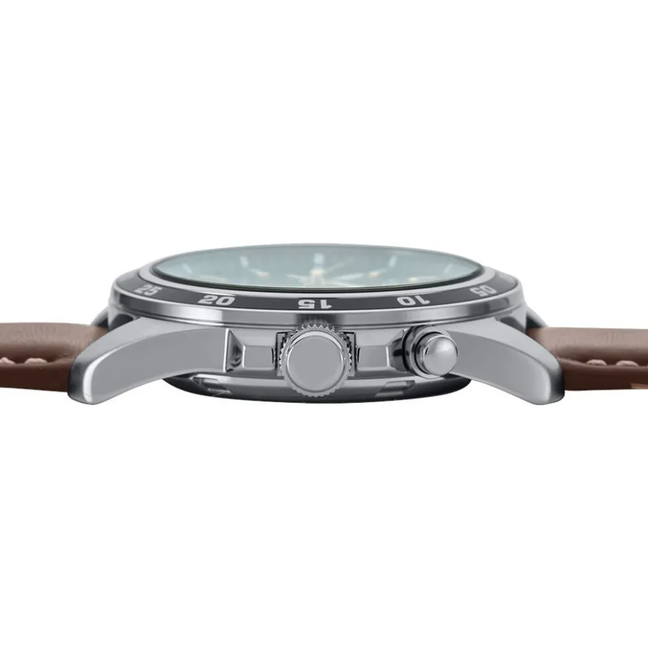 Sale SEIKO Montre Sport Kinetic Vert cadran argenté fond vert bracelet cuir marron