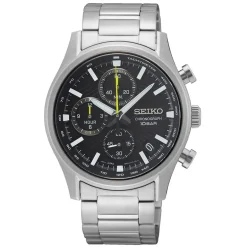 SEIKO Montre Sport Noir cadran argenté fond noir bracelet acier argenté