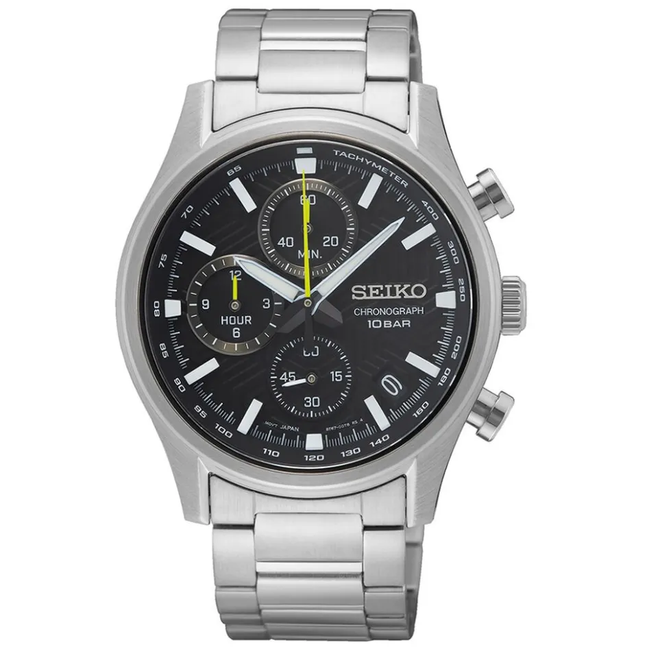 SEIKO Montre Sport Noir cadran argenté fond noir bracelet acier argenté