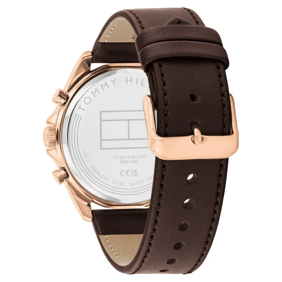 Online TOMMY HILFIGER Montre Baker Bleu cadran doré fond bleu bracelet cuir de veau marron