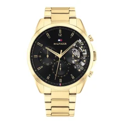 Discount TOMMY HILFIGER Montre Baker Noir cadran doré fond noir bracelet acier doré