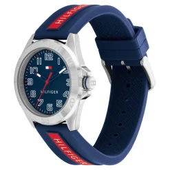 Online TOMMY HILFIGER Montre Boys Bleu cadran argenté fond bleu bracelet silicone bicolore