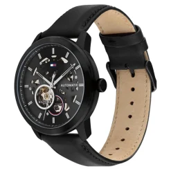 Hot TOMMY HILFIGER Montre Henry Auto Noir cadran noir fond noir bracelet cuir de veau noir
