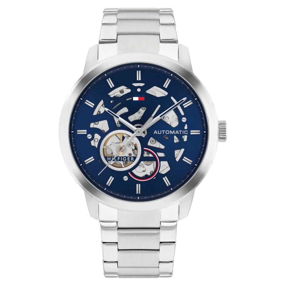 Best TOMMY HILFIGER Montre Henry Auto Bleu cadran argenté fond bleu bracelet acier argenté