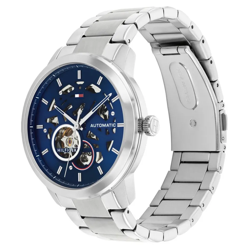 Best TOMMY HILFIGER Montre Henry Auto Bleu cadran argenté fond bleu bracelet acier argenté