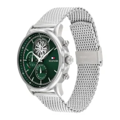 Sale TOMMY HILFIGER Montre Stewart Vert cadran argenté fond vert bracelet acier argenté