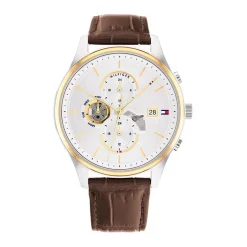 Discount TOMMY HILFIGER Montre Weston Argenté cadran bicolore jaune / blanc fond argenté bracelet cuir marron